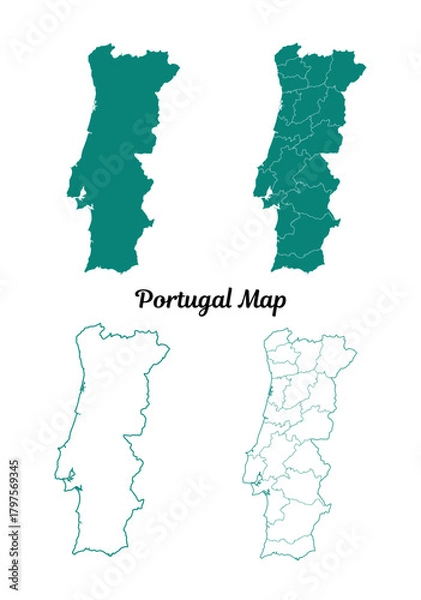 Obraz Detailed Teal Portugal Map Outlines on White Background
