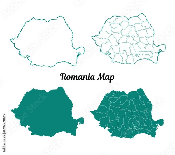 Fototapeta Romania Teal Map Outlines on White, Geographical Set