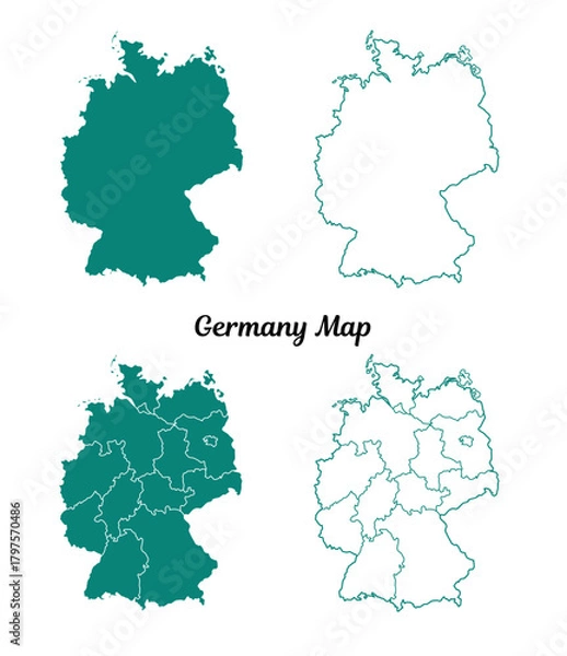 Obraz Germany Teal Map Outlines on White Background Country Geography