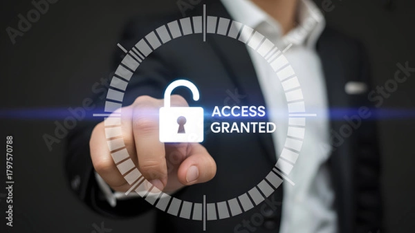 Fototapeta Successful businessman securing data with access granted, digital protection, security innovation, cyber safety for online business with a modern touch