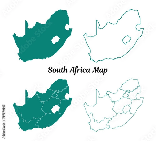 Obraz South Africa Teal Maps Set on White, Political Geography