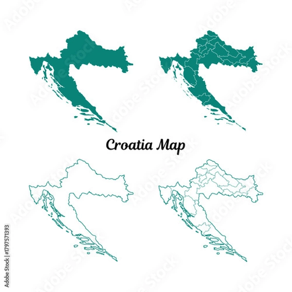 Obraz Croatia Map Teal Silhouette and Outline on White Background