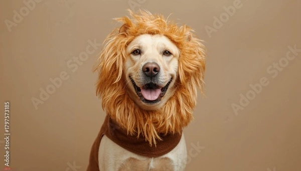 Fototapeta Yellow Labrador retriever dressed as a lion, playful theme