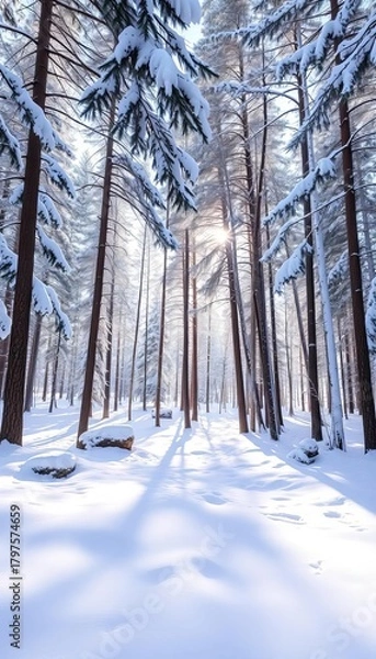Fototapeta Soft white snow blankets a serene forest clearing, sunlight dappling through snow-laden pines,  winter wonderland,  clearing