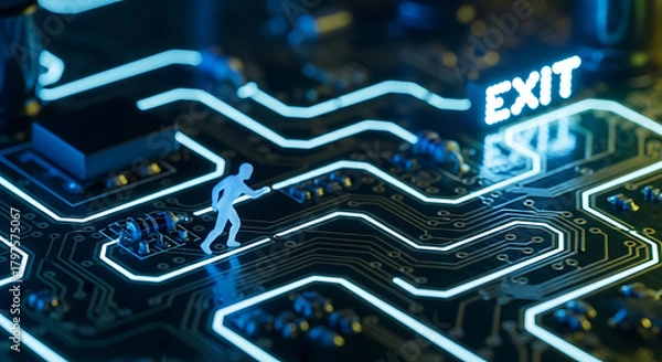 Fototapeta Tiny person on circuit board reaching for exit sign