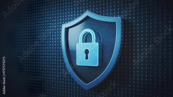 Fototapeta Cybersecurity protection with shield and padlock over binary code background, data privacy for personal and business use, online safety concepts
