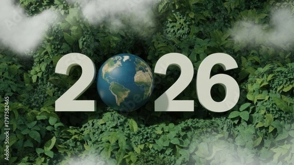 Fototapeta The number 2026 with the earth at its center, emerging from a dense green forest canopy
