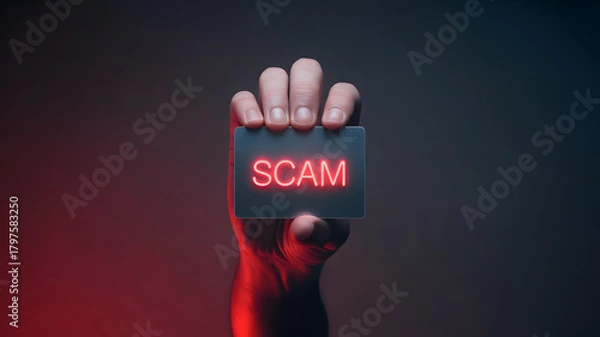 Fototapeta Protect yourself from online fraud - Hand holding a card with the word SCAM in glowing red letters, signaling danger and the need for cybersecurity awareness