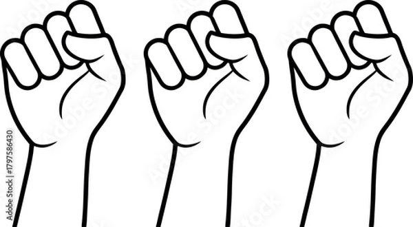 Fototapeta Three raised fists in a black and white illustration symbolizing solidarity