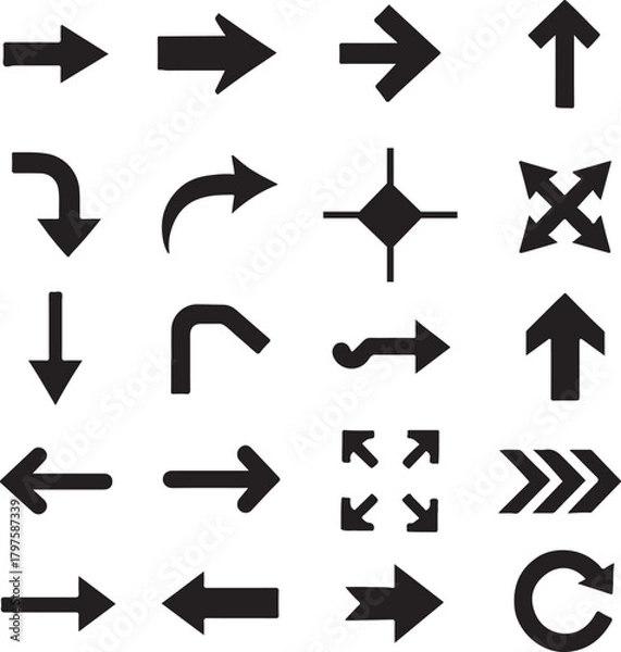 Fototapeta Collection of black arrow symbols and directional signs in a grid layout