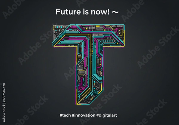 Fototapeta Tech circuit board letter t digital art illustration for technology and innovation concept design