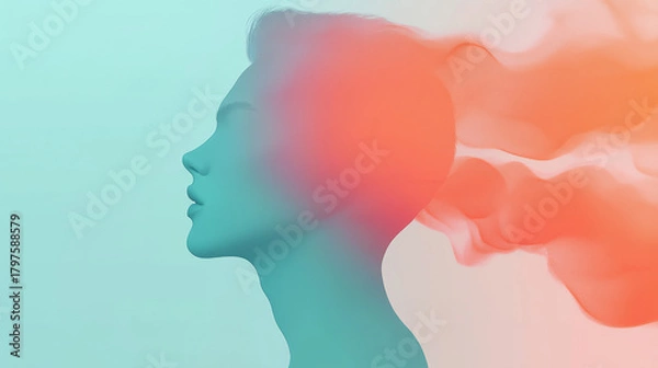 Fototapeta Abstract profile of female head with flowing colorful smoke and calm expression