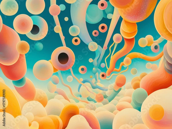 Fototapeta Surreal abstract tunnel of colorful bubbles and tendrils evoking wonder