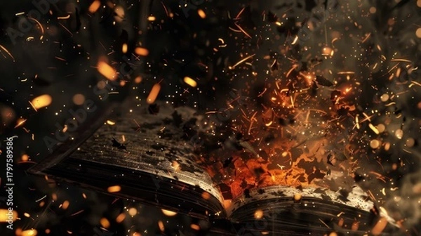 Fototapeta A charred, opened book explodes with fiery particles and billowing smoke against a dark backdrop