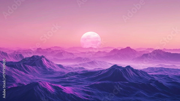 Fototapeta Purple mountain landscape at sunset with large moon and misty valleys, dreamy atmosphere