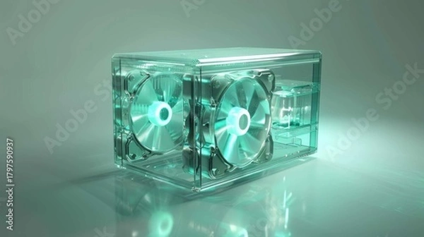 Obraz A clear case showcases internal components, illuminated by a glowing cyan light