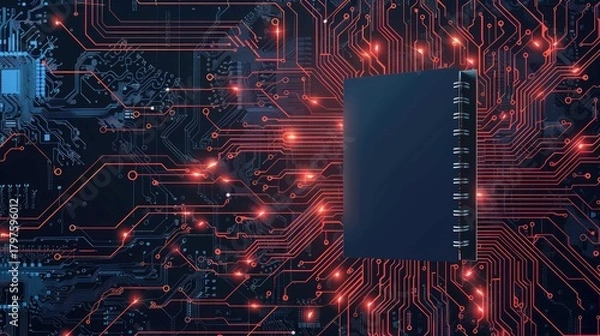 Obraz A dark gray notebook sits atop a glowing circuit board, its edges illuminated with red light