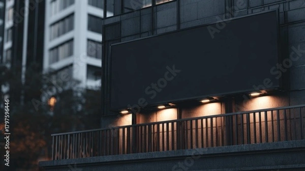 Obraz A dark, modern building facade features a blank, illuminated billboard at night