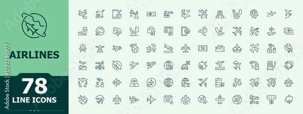 Fototapeta Airlines icon set in linear style. Set of line pictogram. Plane icon collection. Includes thin line symbols airplane, ticket, air, airport, travel, air bus and more.