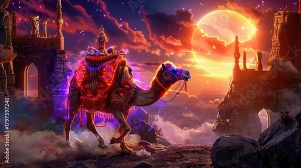 Obraz A decorated camel, illuminated, travels through clouds at sunset, ruins in background