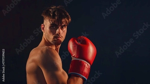 Fototapeta A determined boxer in red gloves, illuminated, posing against a dark background