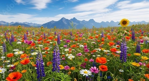 Fototapeta A vibrant flower field with mountains in the background under a bright blue cloudy sky view