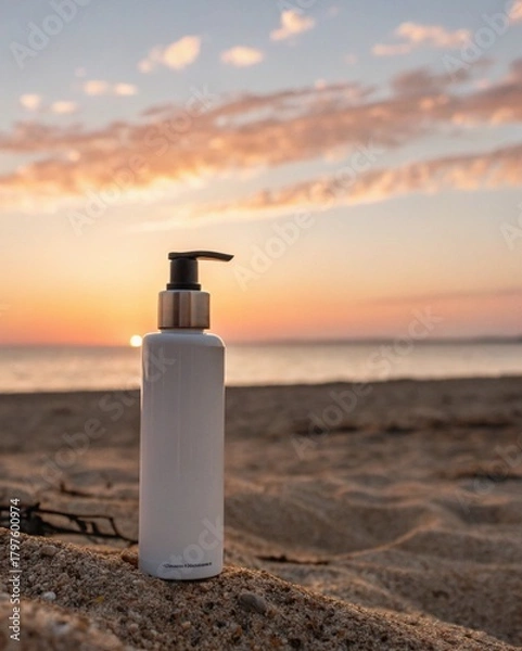 Obraz White pump bottle on a sandy beach at sunset