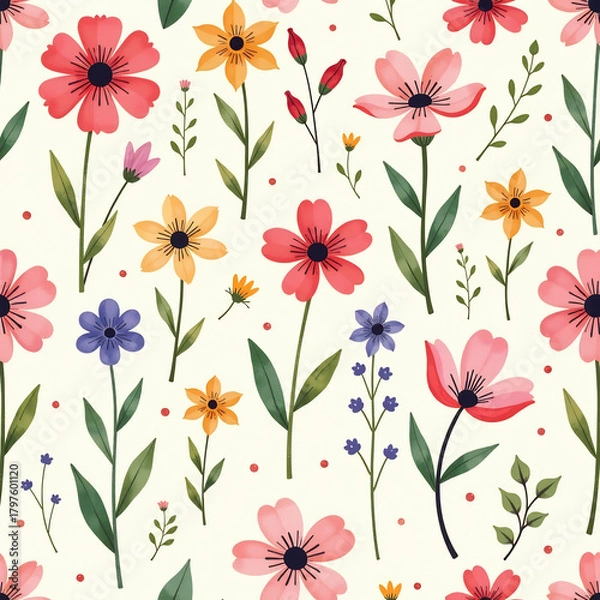 Fototapeta Whimsical Wildflower Dance: Playful Pastel Seamless Pattern