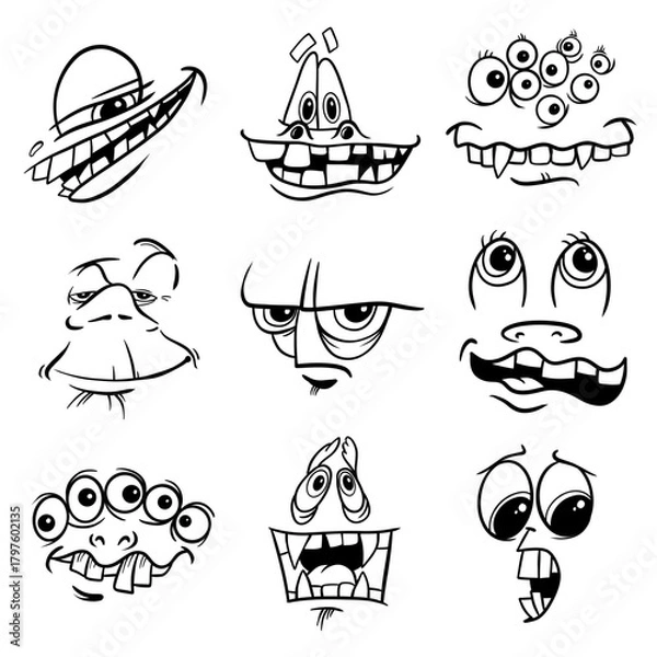 Obraz Creepy Cartoon Monster Faces Set – Funny Scary Vector Expressions