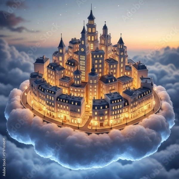 Fototapeta Celestial Metropolis: A Dreamlike City Floating Amidst Fluffy Cloud Formations