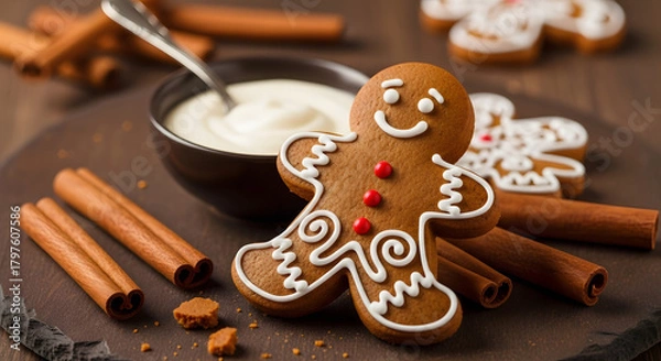 Obraz Deliciously Decorated Gingerbread Man Cookie with Creamy Dip and Cinnamon Sticks, Perfect for Holiday Celebrations