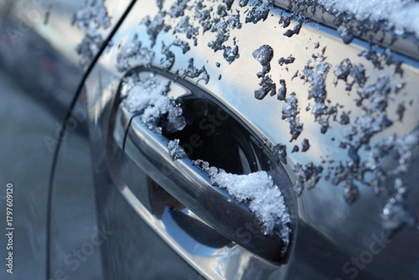 Fototapeta Frozen Car Door Handle Covered with Melting Snow and Ice on a Cold Day