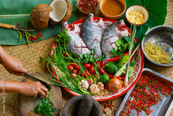 Obraz Fresh tilapia and Thai spices