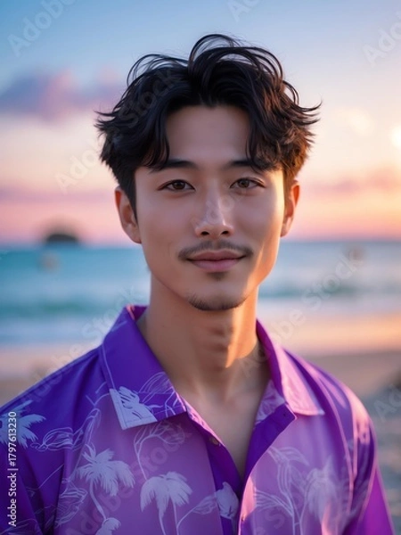 Fototapeta attractive young japanese guy in purple themed swimwear portrait on beach fun sunset background, facing front and slightly smiling