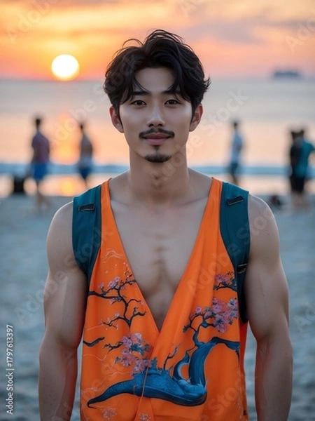 Fototapeta attractive young japanese guy in orange themed swimwear portrait on beach fun sunset background, facing front and slightly smiling
