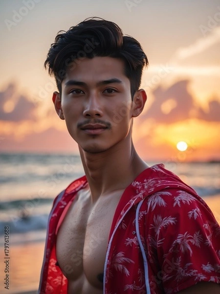 Fototapeta attractive young filipino guy in red themed swimwear portrait on beach fun sunset background, facing front and slightly smiling