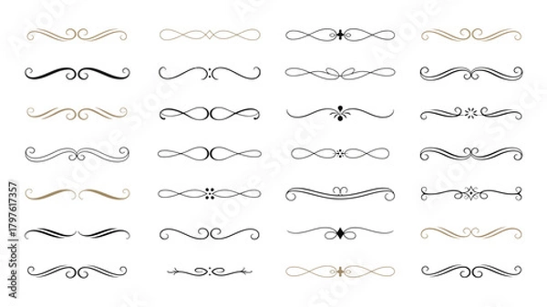 Obraz Elegant vector set of calligraphic design elements, vintage text dividers, and ornamental flourishes for classic page decoration and invitations.