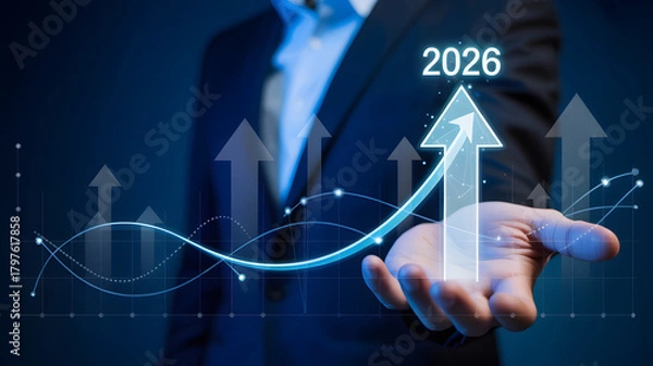 Fototapeta Projecting growth to 2026 with confident leadership, showing an upward arrow on a hand representing success, financial strategy, and a brighter future