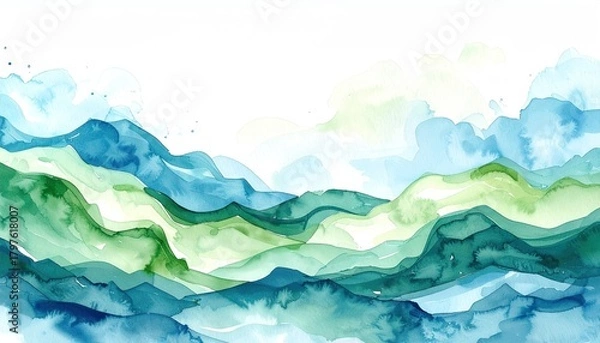 Obraz Abstract Watercolor Landscape with Rolling Hills in Shades of Blue and Green under a Bright Sky