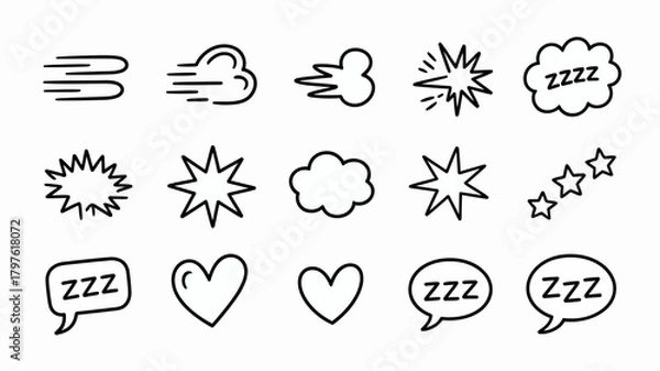 Obraz Hand drawn doodle comic element icon set. speed lines, explosion stars, sleep zzz bubbles, cloud, and heart symbols isolated