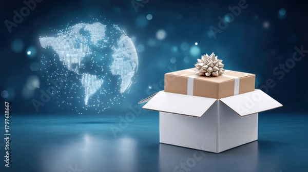 Fototapeta E commerc global package delivery concept with open box and gift bow conveying joyful shipping