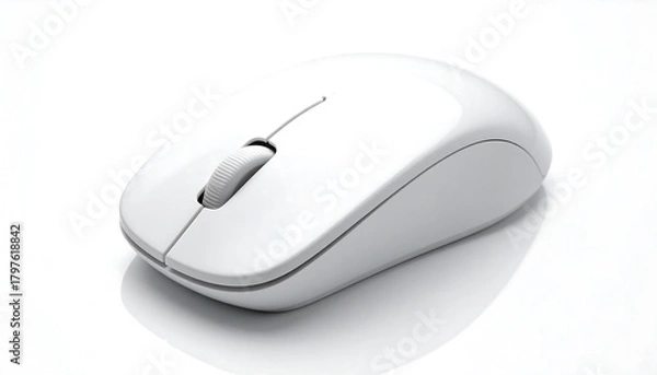 Fototapeta White ergonomic computer mouse with scroll wheel and two buttons on white background