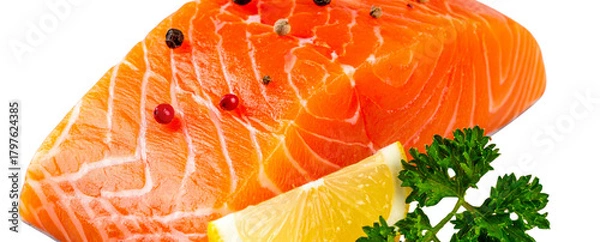 Obraz Fresh Raw Salmon Fillet with Lemon Slice and Herbs, Isolated on Transparent Background
