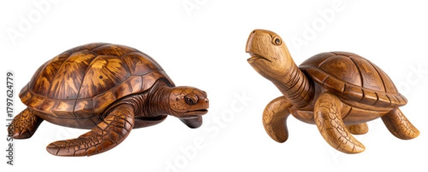 Obraz Hand-Carved Wooden Sea Turtle Sculpture with Smooth Polished Finish, Side View, Transparent Background