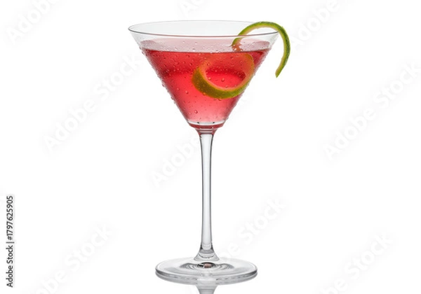 Fototapeta a perfectly centered, cold martini glass holds a vibrant cranberry-pink cosmopolitan cocktail with a razor-sharp lime twist garnish, isolated on a white studio background. concept for premium
