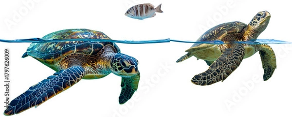 Obraz  Sea Turtle Gliding Gracefully with Outstretched Flippers, Underwater Blue Tones, Transparent Background png