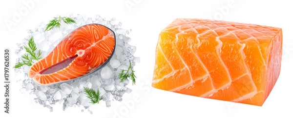 Obraz Top View of Thick Cut Salmon Steak with Ice Cubes and Green Dill, Transparent Background