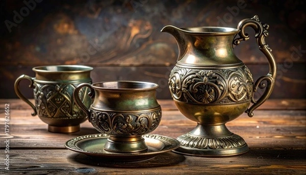 Obraz Antique Bronze Pitcher and Goblets with Ornate Engravings on a Rustic Wooden Surface with Dark Textured Background