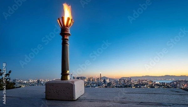 Fototapeta a lit torch stands on a stone pedestal with a blurred city skyline in the background under a clear blue sky