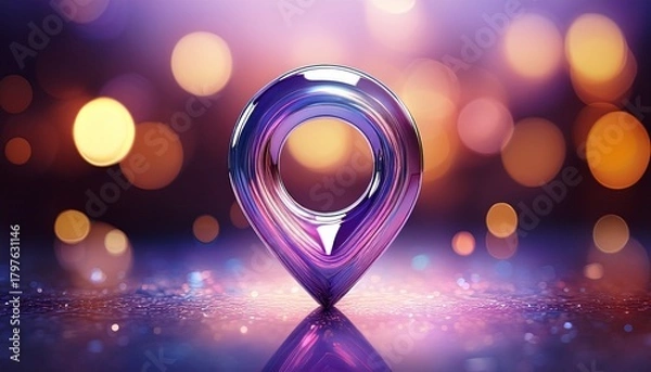 Fototapeta shiny glassy location pin symbol with soft purple background and bokeh lights